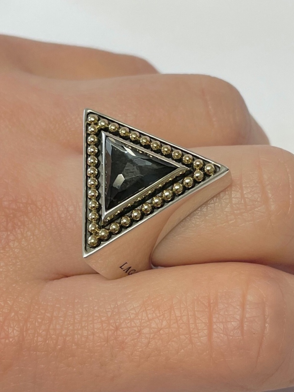 LAGOS 18K Gold & Sterling Silver Treasure Chest Hematite Doublet Triangle Ring 7